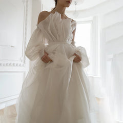 UU-Scalloped Neck Organza Long Sleeves Boho Wedding Dress Off Shoulder Cheap A Line Backless Princess Elegant Bridal Gown