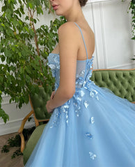 UU-Sweet A-line Baby Blue Princess Spaghetti Strap Romantic 3D Flower On Chest Prom Dresses