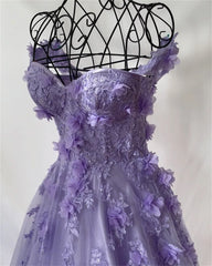 UU- Princess 3D Flower Sweet A-line Tulle Evening Dress Purple Prom Dress Handmade Robe