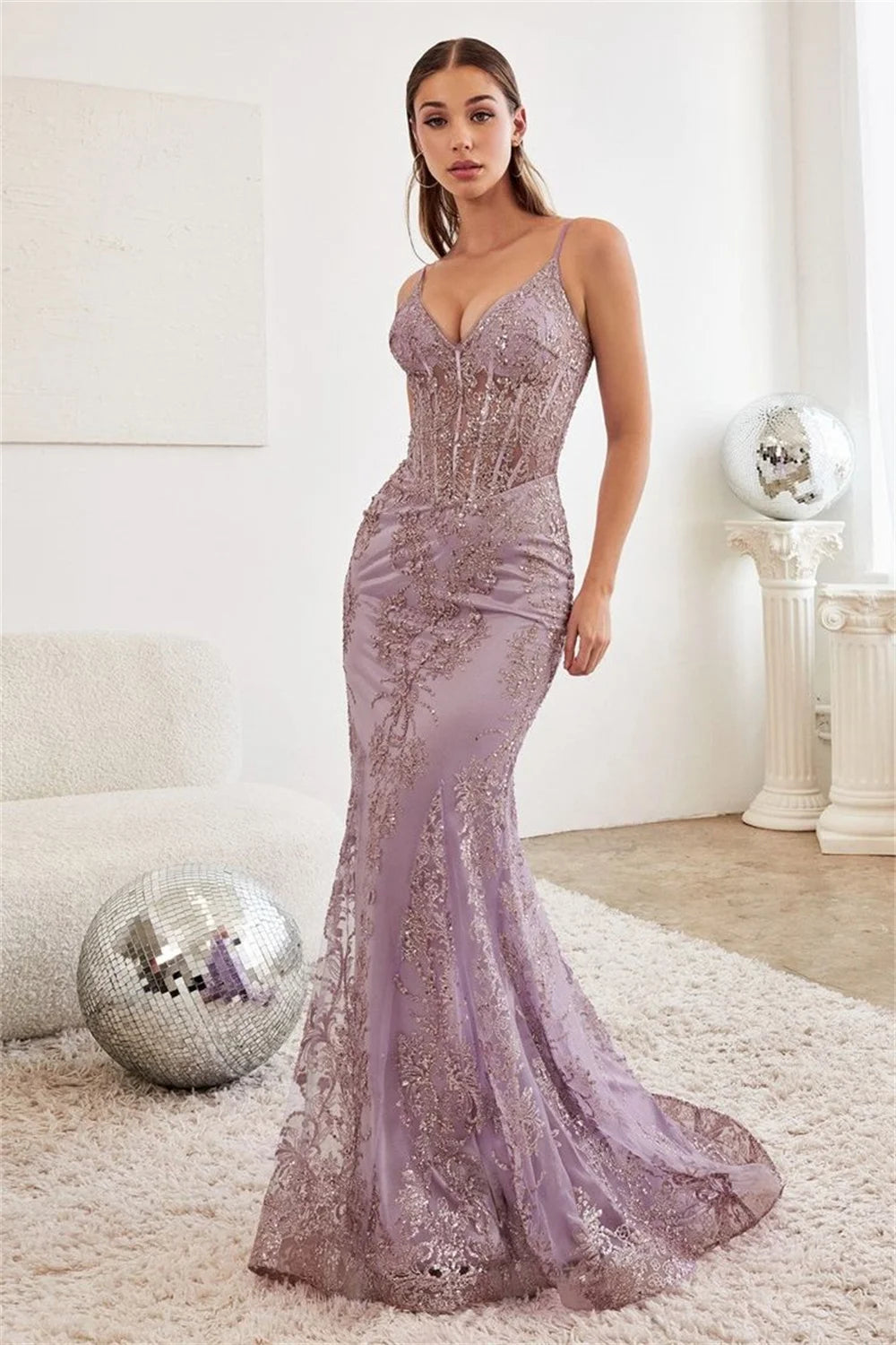 UU- Sexy Sequins Lace Embroidery Fishtail  Romantic Spaghetti Strap Mermaid Prom Dresses