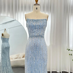 UU-Light Blue Pearls Luxury Dubai Evening Dresses Elegant Strapless Arabic Women Wedding Party Formal Gowns