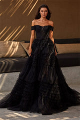 UU-Sexy Off Shoulder Prom Dress Black Multilayer Luxury Ball Gown Tulle Puffy Robes