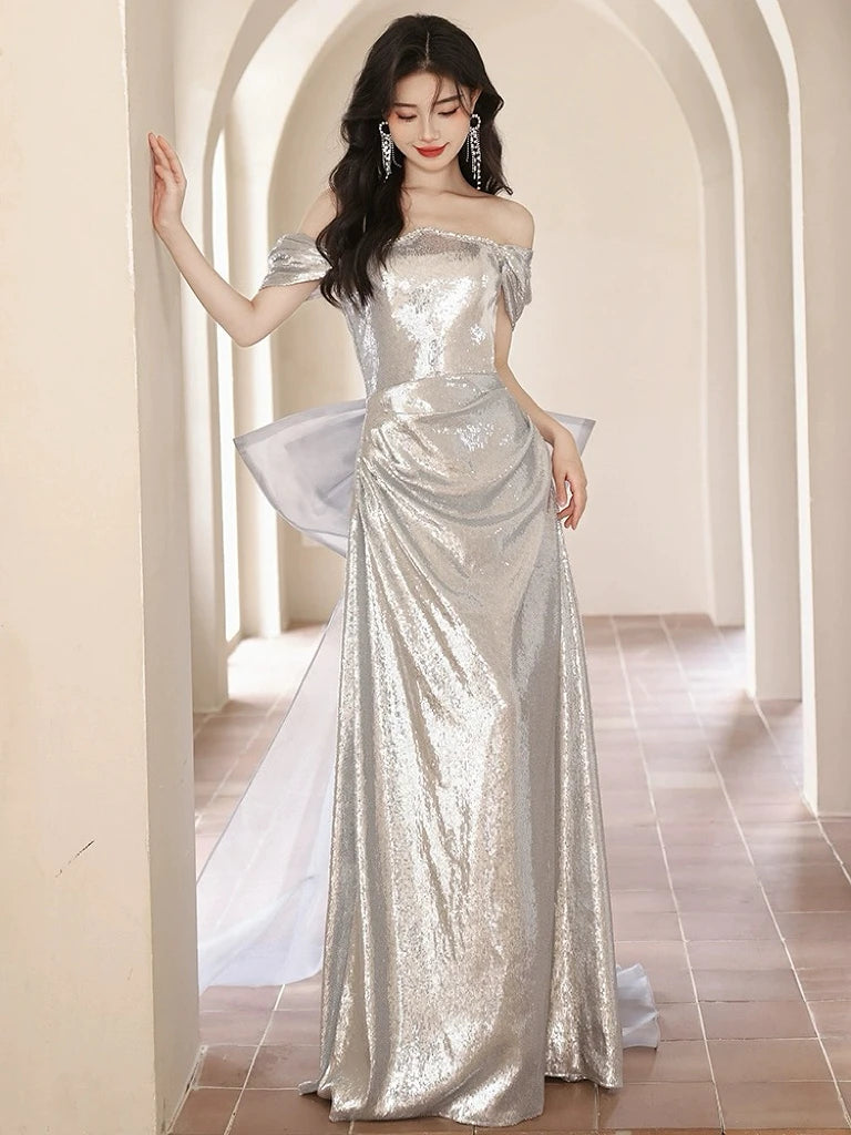 UU-Mermaid Cocktail Dresses Silvery Off The Shoulder Bow Trailing Floor Length Backless Sequins Pleated Woman Evening Prom Gowns