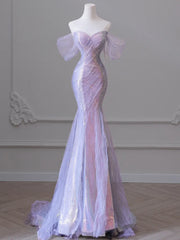 UU-Purple Laser Sequin Beaded Mermaid Women Evening Dress with Puff Sleeves Tassel Pearls Tulle Train Prom Gown
