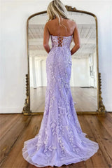 UU- Purple Lace Embroidery Spaghetti Strap Mermaid Tulle Corset Strapless Prom Dresses