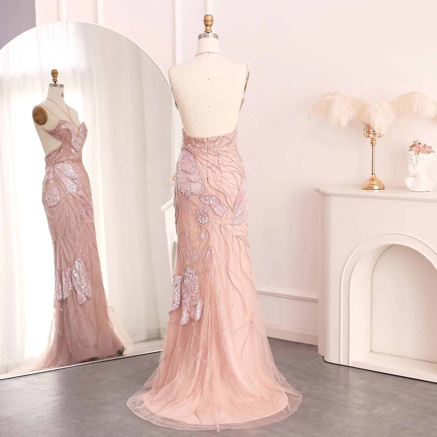 UU- Luxury Mermaid Pink Evening Dresses with  Feathers Scarf Spaghetti Straps Dubai Women Blue Wedding Prom Gowns