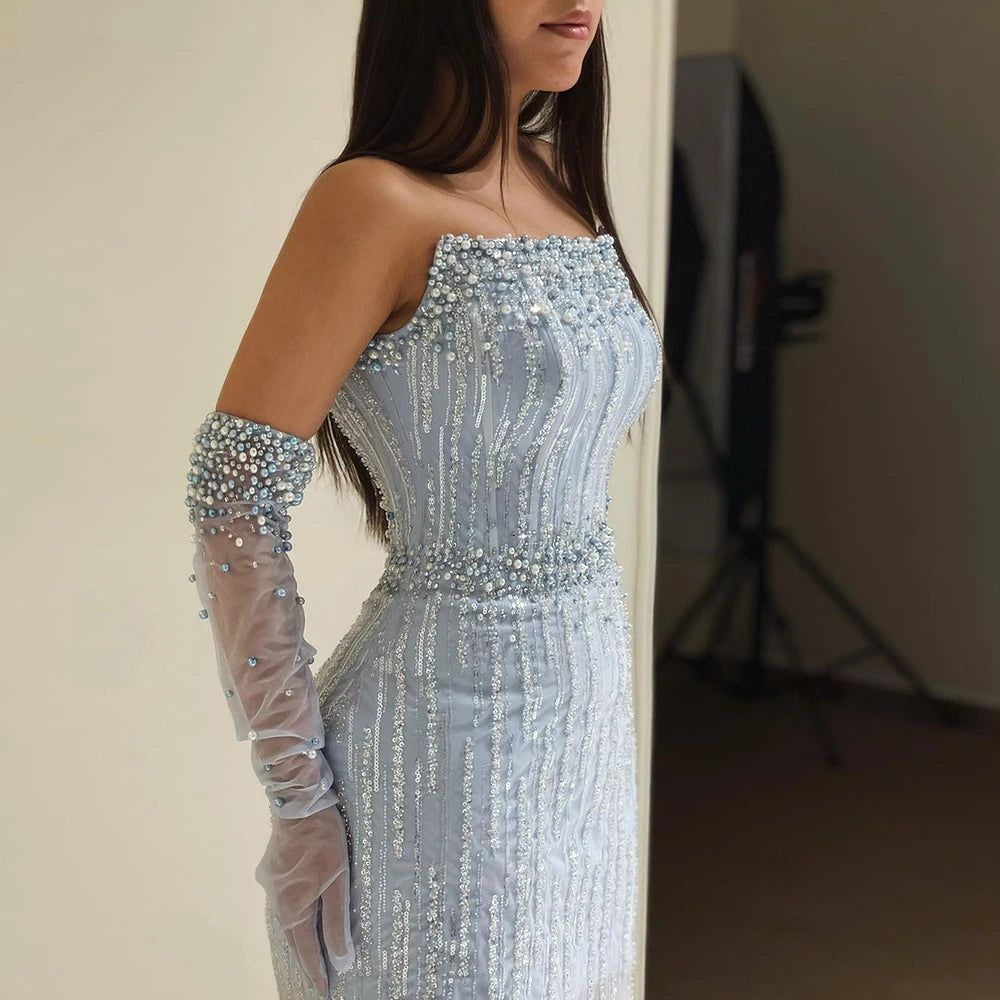 UU-Light Blue Pearls Luxury Dubai Evening Dresses Elegant Strapless Arabic Women Wedding Party Formal Gowns