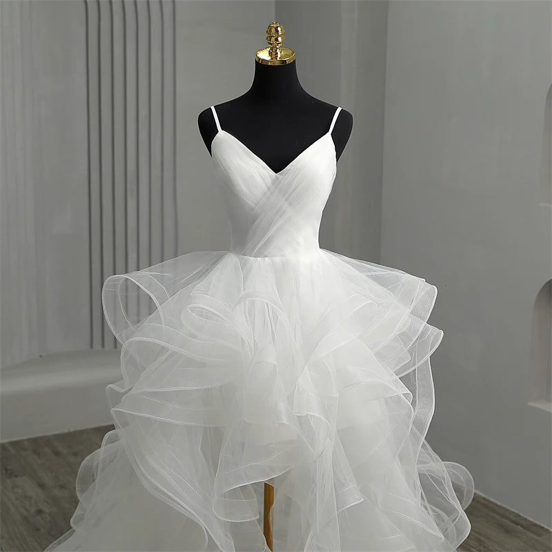 UU-New Short Front Long Back Gothic White Wedding Dresses Spaghetti Straps Deep V Neck High-low Bridal Gowns Vestido Custom Color