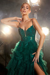 UU-Lace Embroidery Edge Curl Prom Dress Elegant Dark Green Multilayer Sexy Spaghetti Strap Party Dresses