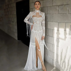 UU-Boho Backless Wedding Dresses A-Line Long Sleeves Floor Length Robe Sexy High Side Slit Beach Simple Bridal Gowns 2024