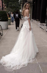 UU-New A Line Bride Dresses Romantic Floral Sweetheart Wedding Dress Appliques Tulle Backless Strapless Dresses