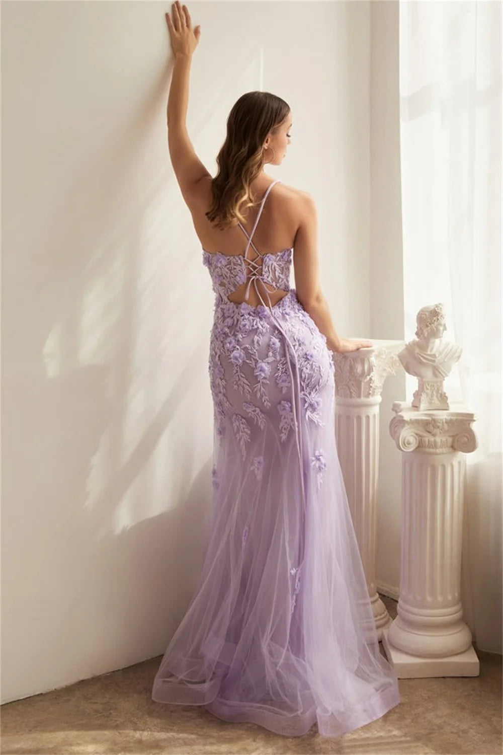 UU-Sexy 3D Lace Embroid Mermaid  Lavender Fishtail Prom Dress Fairy Trumpet Corset