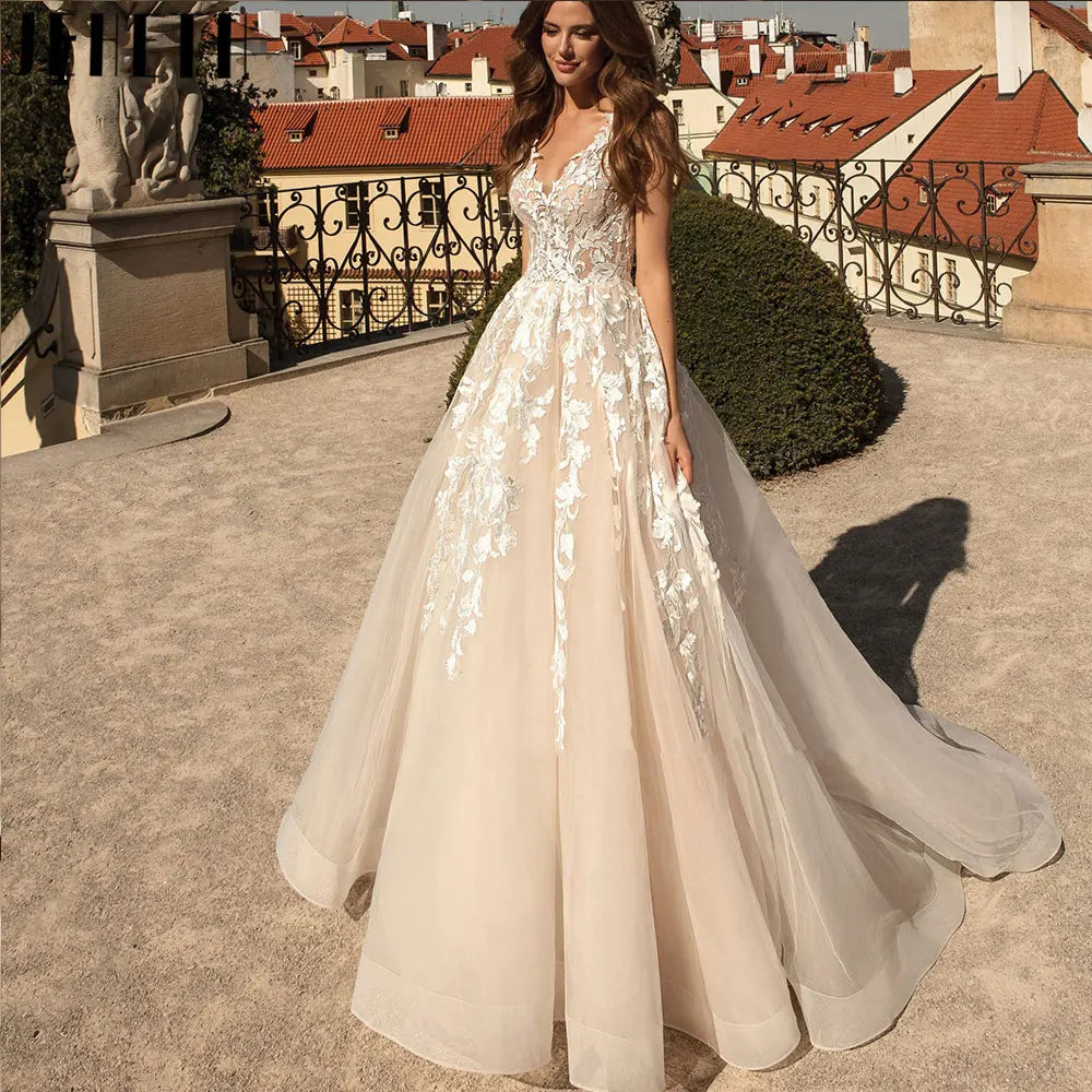 UU-Princess V-Neck Tulle Bridal Gowns Elegant A-Line Backless Wedding Dress Lace Appliques Sleeveless