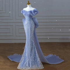 UU-Luxury Blue Prom Dresses Off The Shoulder V Neck Beading Sequins Mermaid Detachable Bow Train Pleated Evening Gowns New