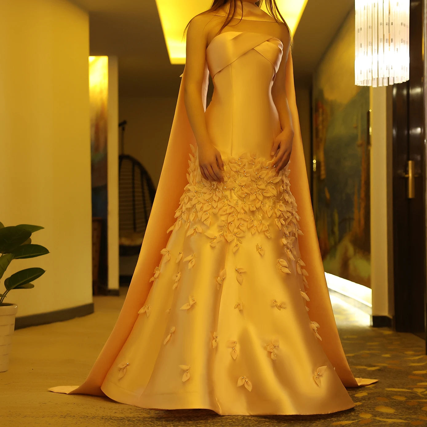 UU-Sharon Said Luxury 3D Leaves Blush Pink Satin Mermaid Evening Dress with Cape Dubai Arabic Women Wedding Prom Party Gowns