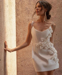 UU-Simple Mini Wedding Dresses Satin Bridal Gowns Flower Decorate Elegant Robes For Formal Party O-Neck Backless