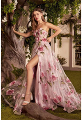 UU-Gliiter Pink Flower Sweet Strapless Side Split Prom Dresses With 3D Flower