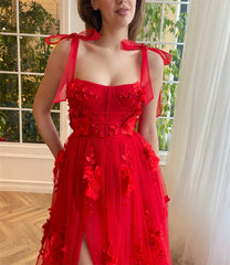 UU- Red Prom Dresses Flora Appliques Spaghetti Strap Sleeveless Lace-Up Back Sexy Side Split Birthday Dress