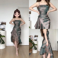 UU-Vintage Elegant Ice-colored British Retro Waist Strap Three-dimensional Flowers Irregular Ruffle Stitching Evening Dress