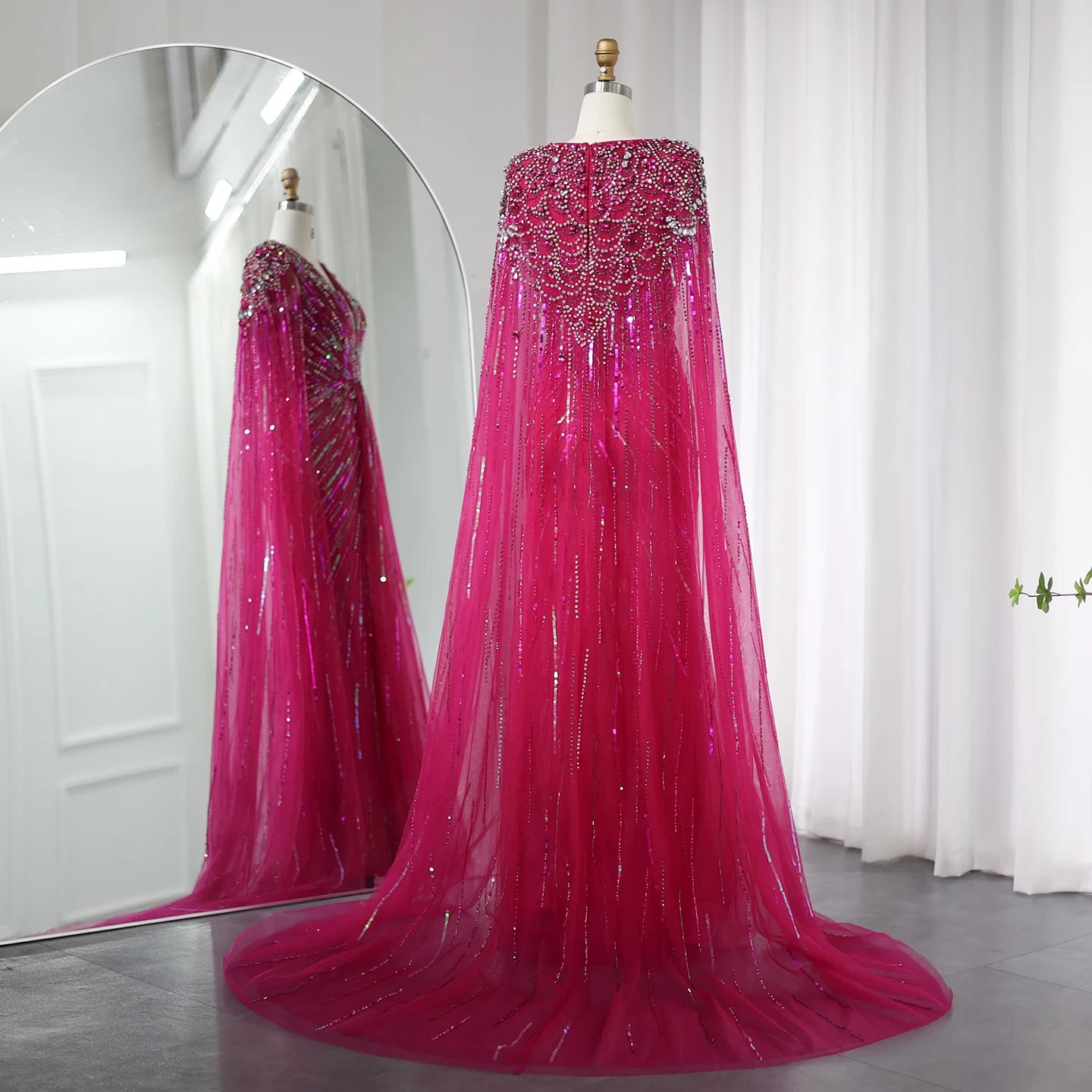 UU-  Luxury Dubai Sage Green Evening Dresses with Cape Fuchsia Crystal Gold Elegant Women Wedding Formal Party Gown