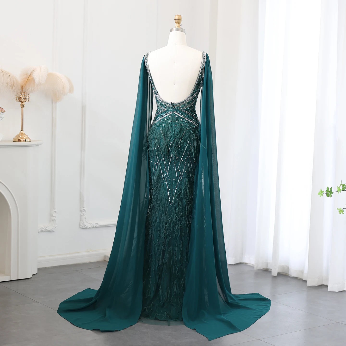 UU-Sharon Said Luxury Feathers Blue Mermaid Evening Dress with Cape Sleeves Lilac Beaded Prom Dresses for Women Wedding Party