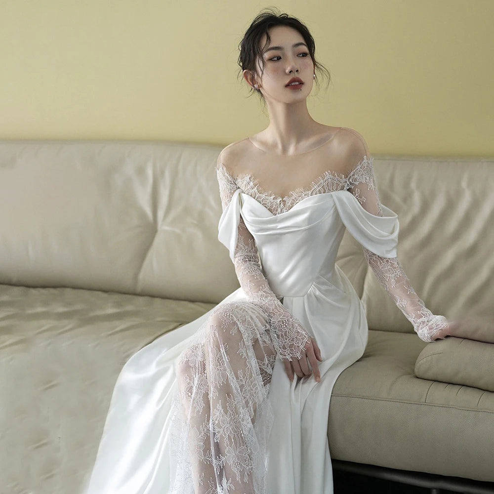 UU-Illusion Tulle Off Shoulder Lace Wedding Gowns Big Size Custom Made A Line Long Sleeves Ruched Satin High Slit Bridal Dress