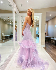 UU-Lavender Lace Embroidery Tulle Mermaid Prom Dress Backless Curve Train Fiesta Heart Shape Neck Graduation Ball