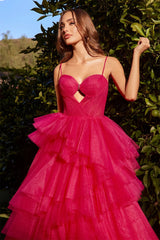 UU-Fuchsia Organza Prom Dress Sweet Spaghetti Strap Sleeveless Prom Dress Princess