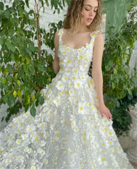 UU-White Prom Dresses Spaghetti Strap A-line  Elegant Sleeveless Sweep Train Sweetheart