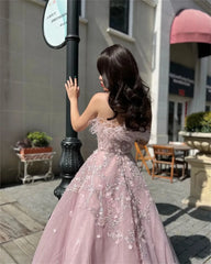 UU-Gliiter Ball Gown Shiny Light Pink Luxury Feather Neckline Prom Dresses