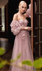 UU-Sweet 3D Flower Prom Dress Puffy Sleeve A-line  Princess Glitter Pink Tulle Prom Dresses