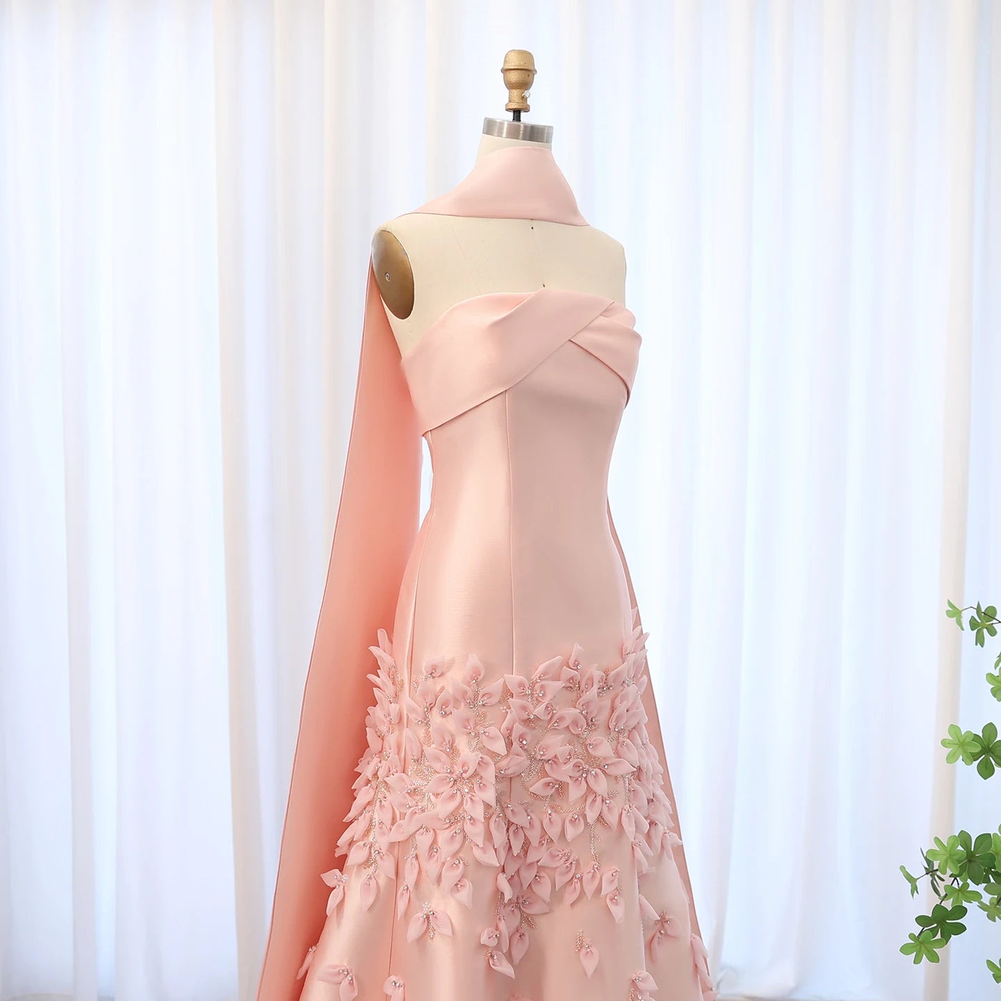 UU-Sharon Said Luxury 3D Leaves Blush Pink Satin Mermaid Evening Dress with Cape Dubai Arabic Women Wedding Prom Party Gowns