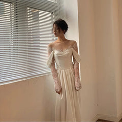 UU-Illusion Tulle Off Shoulder Lace Wedding Gowns Big Size Custom Made A Line Long Sleeves Ruched Satin High Slit Bridal Dress