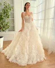 UU-Sansa Luxury Princess White Lace A-line Tulle  Elegant Sleeveless Court Train Prom Dresses 2024