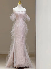 UU-Pink Shiny Strapless Celebrity Dresses Bead Sleeveless Off Shoulder Tulle Elegant Light Luxury Mermaid Toast Prom Evening Gowns