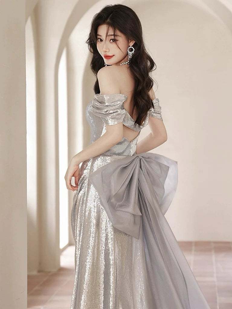 UU-Mermaid Cocktail Dresses Silvery Off The Shoulder Bow Trailing Floor Length Backless Sequins Pleated Woman Evening Prom Gowns