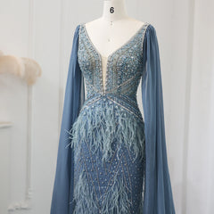 UU-Sharon Said Luxury Feathers Blue Mermaid Evening Dress with Cape Sleeves Lilac Beaded Prom Dresses for Women Wedding Party