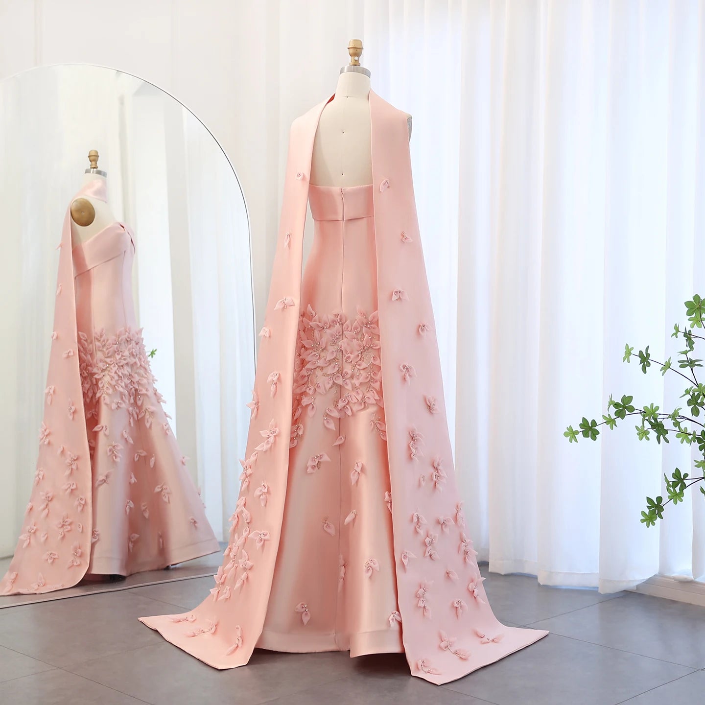 UU-Sharon Said Luxury 3D Leaves Blush Pink Satin Mermaid Evening Dress with Cape Dubai Arabic Women Wedding Prom Party Gowns