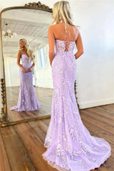 UU- Purple Lace Embroidery Spaghetti Strap Mermaid Tulle Corset Strapless Prom Dresses