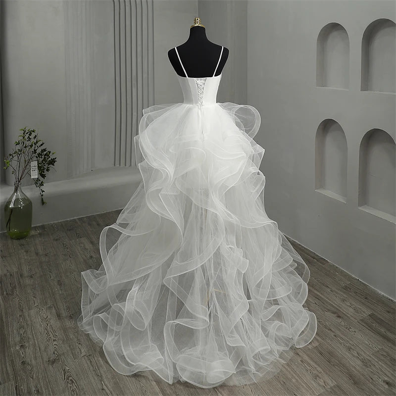 UU-New Short Front Long Back Gothic White Wedding Dresses Spaghetti Straps Deep V Neck High-low Bridal Gowns Vestido Custom Color