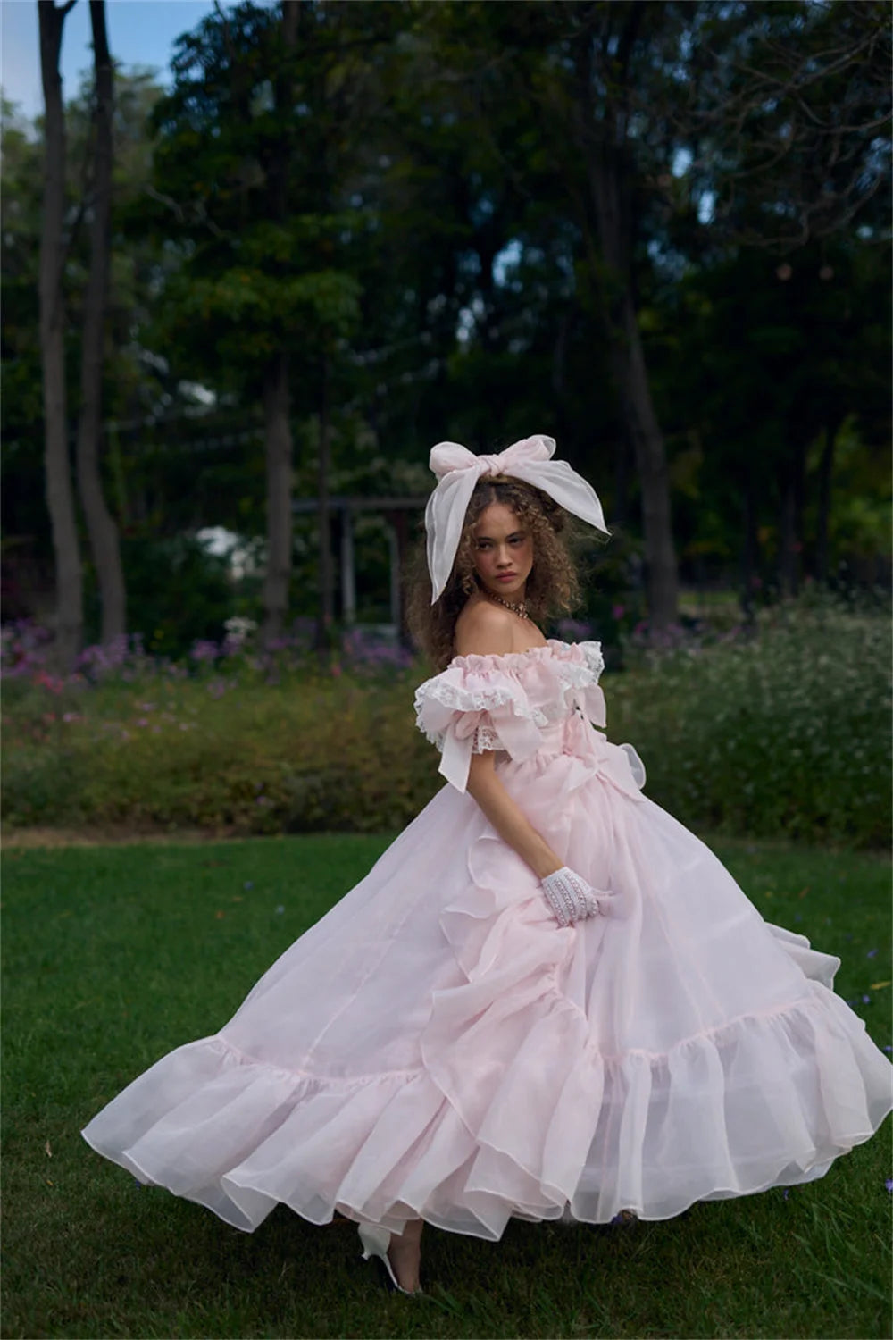 UU-Baby Pink Off Shoulder Prom Dress Sweet Edge Curl Organza Puffy Prom Dress Princess