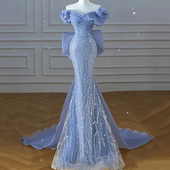 UU-Luxury Blue Prom Dresses Off The Shoulder V Neck Beading Sequins Mermaid Detachable Bow Train Pleated Evening Gowns New