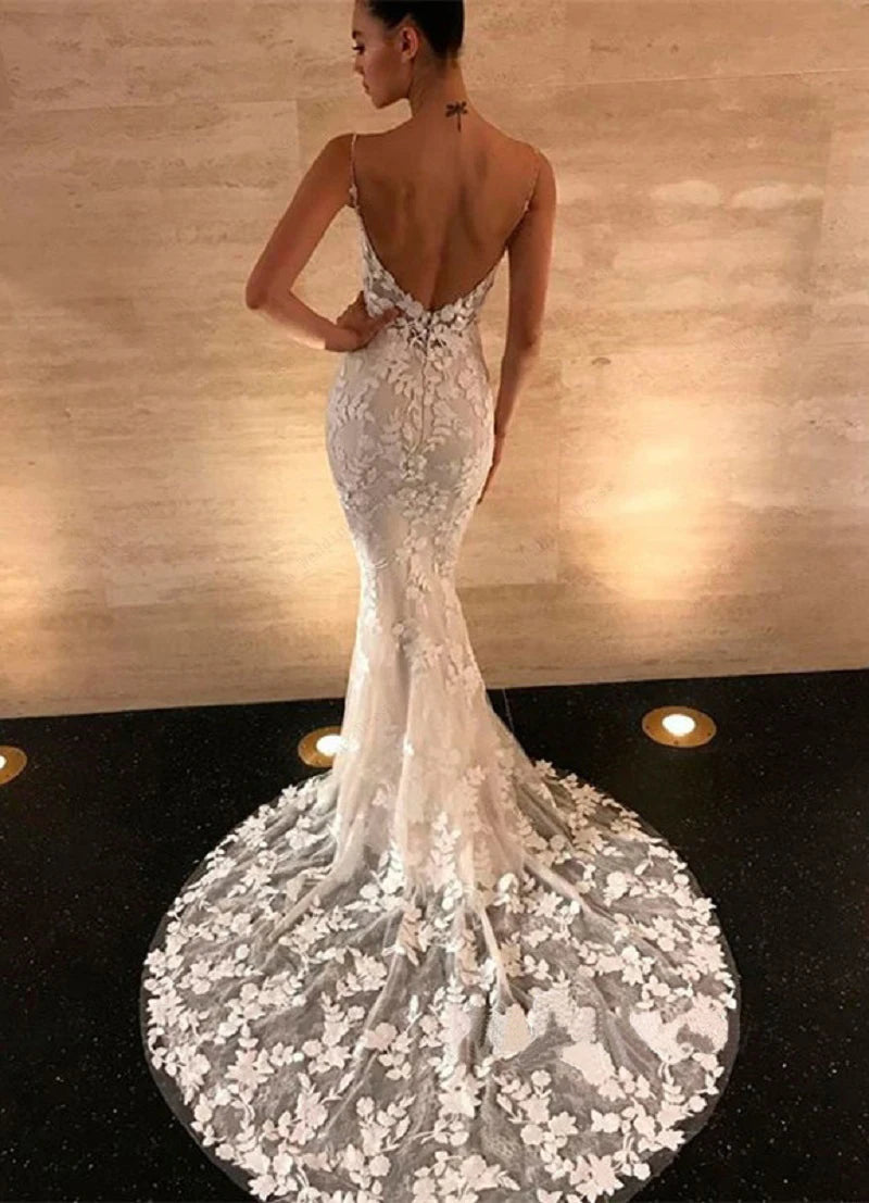 UU-Lace Appliques Wedding Dress Mermaid Bridal Dresses 2024 Spaghetti Straps Backless Beach Bridal Gowns