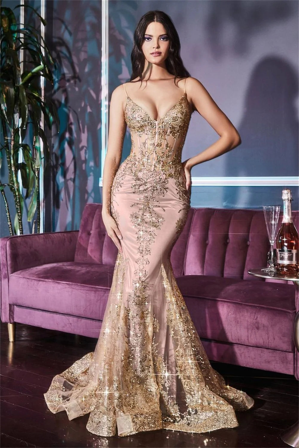 UU- Sexy Sequins Lace Embroidery Fishtail  Romantic Spaghetti Strap Mermaid Prom Dresses