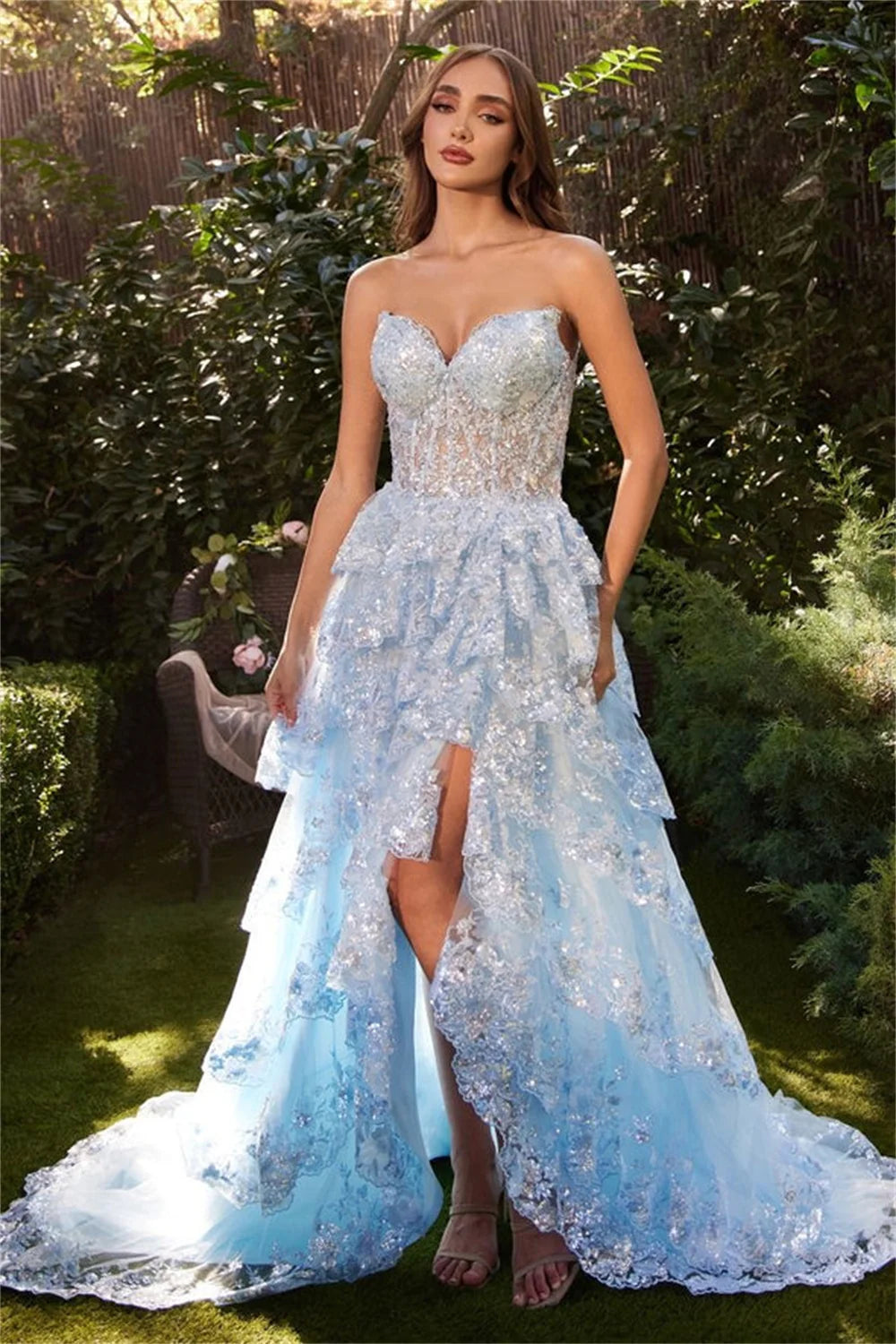 UU-Baby Blue Lace Prom Dress 2024 Princess Strapless Side Split Formal Occasion Dresses Sweet Shiny Lace Train Party Dress