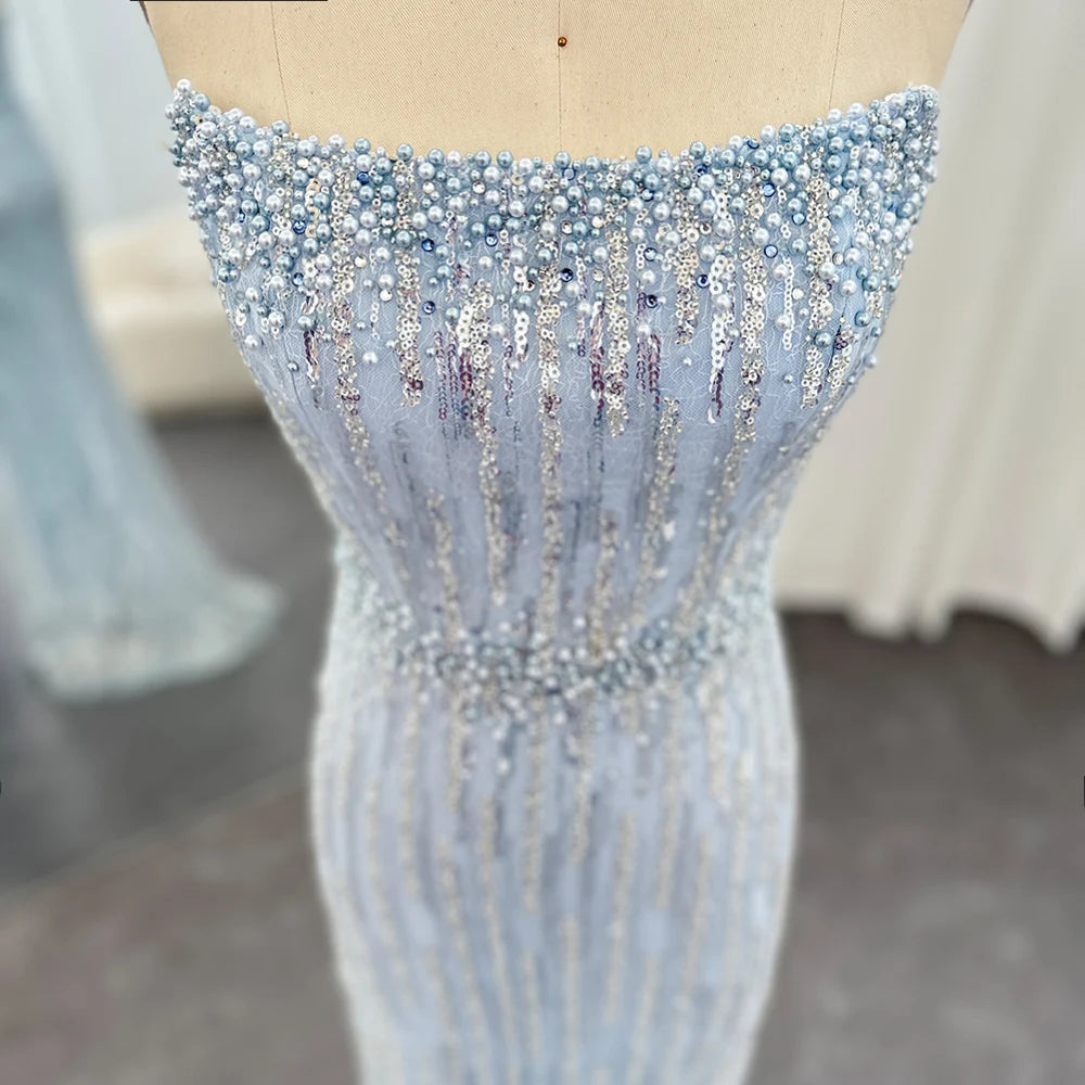 UU-Light Blue Pearls Luxury Dubai Evening Dresses Elegant Strapless Arabic Women Wedding Party Formal Gowns