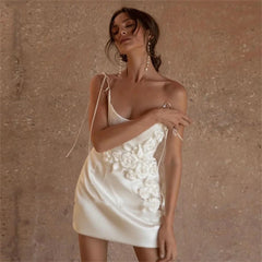 UU-Simple Mini Wedding Dresses Satin Bridal Gowns Flower Decorate Elegant Robes For Formal Party O-Neck Backless