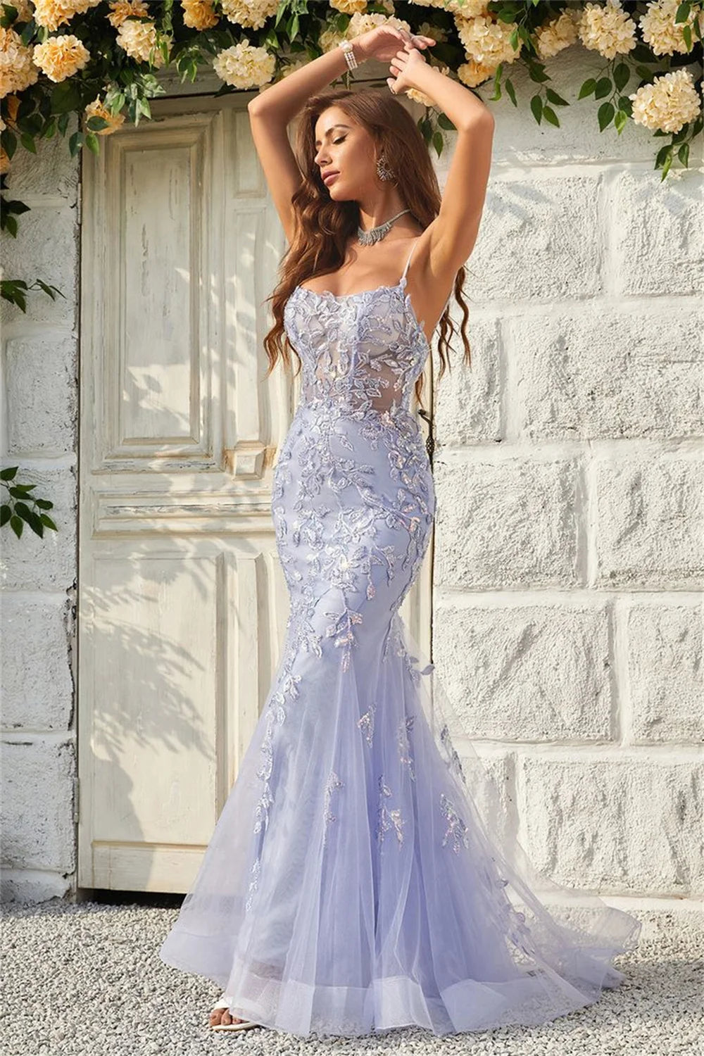 UU-Lavender Sexy Backless Mermaid Prom Dress Spaghetti Strap  fiesta Lace Embroidery Tulle Evening Dress 2024