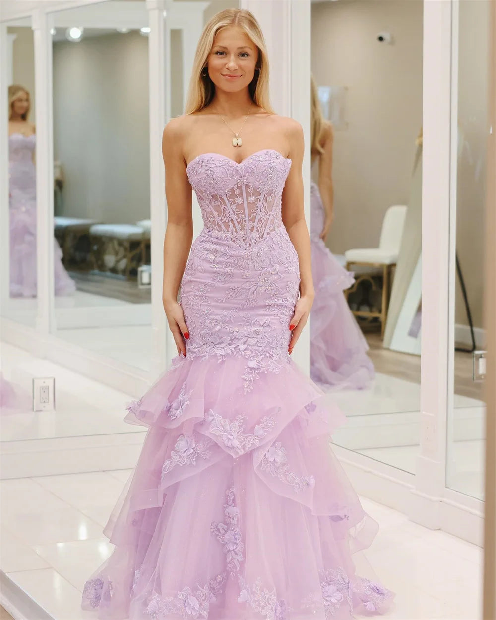 UU-Lavender Lace Embroidery Tulle Mermaid Prom Dress Backless Curve Train Fiesta Heart Shape Neck Graduation Ball