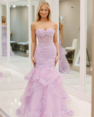 UU-Lavender Lace Embroidery Tulle Mermaid Prom Dress Backless Curve Train Fiesta Heart Shape Neck Graduation Ball
